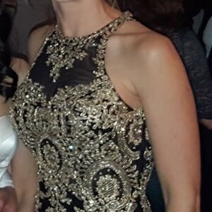 Elegant Black and Gold Embellished Prom Dress